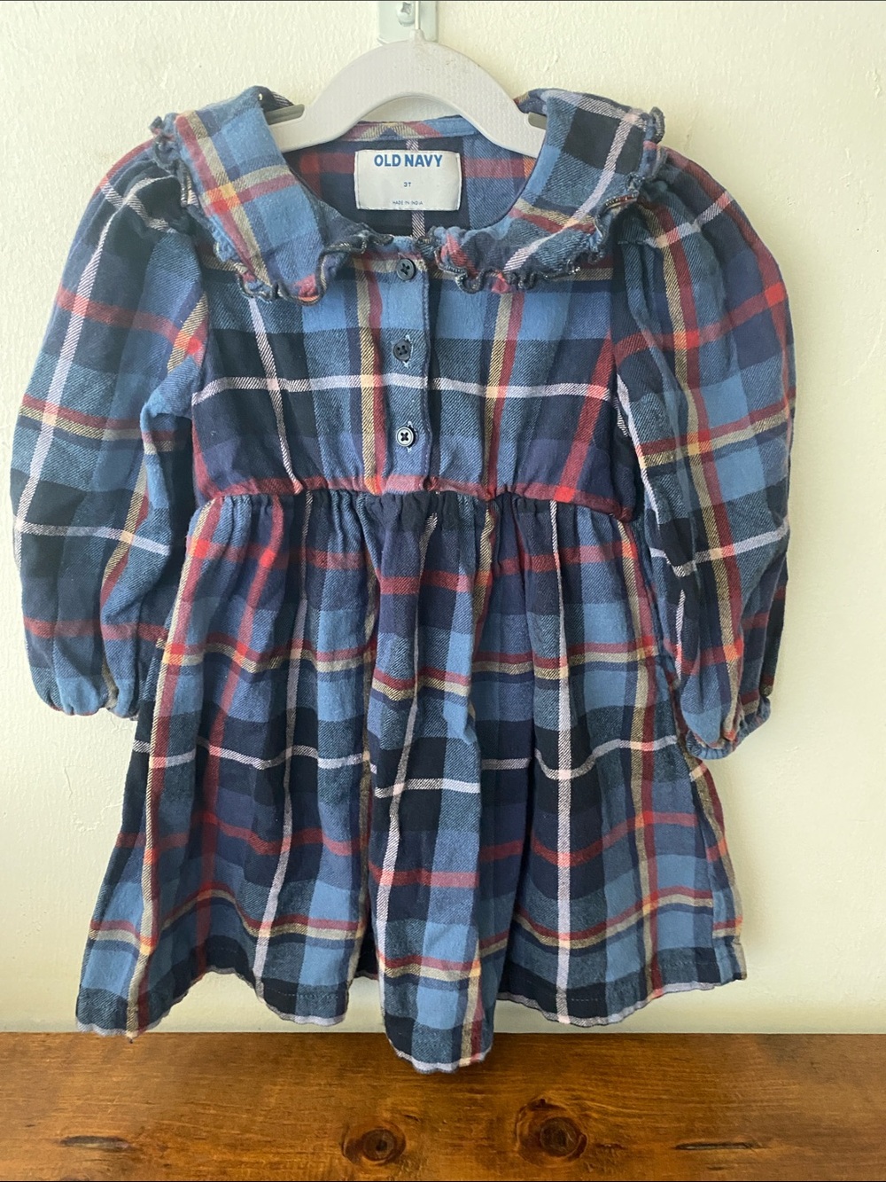 Old Navy Blue Plaid Dress with Red and Yellow Accents